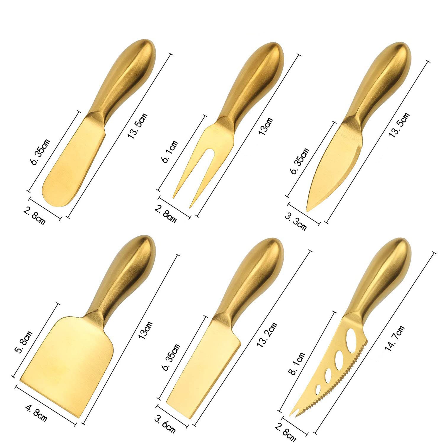 Factory direct sales of stainless steel golden cheese knife set, cheesecake fork, sharp knife, butter knife, four-piece tool set Specification drawing