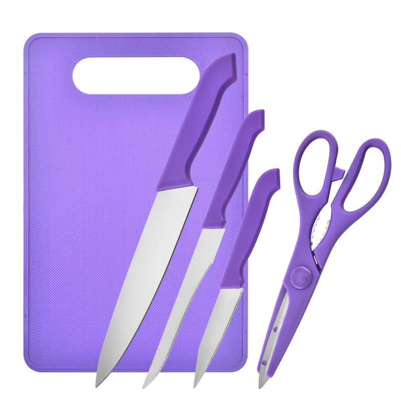 Amazon wholesale knife set: Stainless steel household kitchen fruit scissors with cutting board, five-piece set, vacuum-formed Item Picture