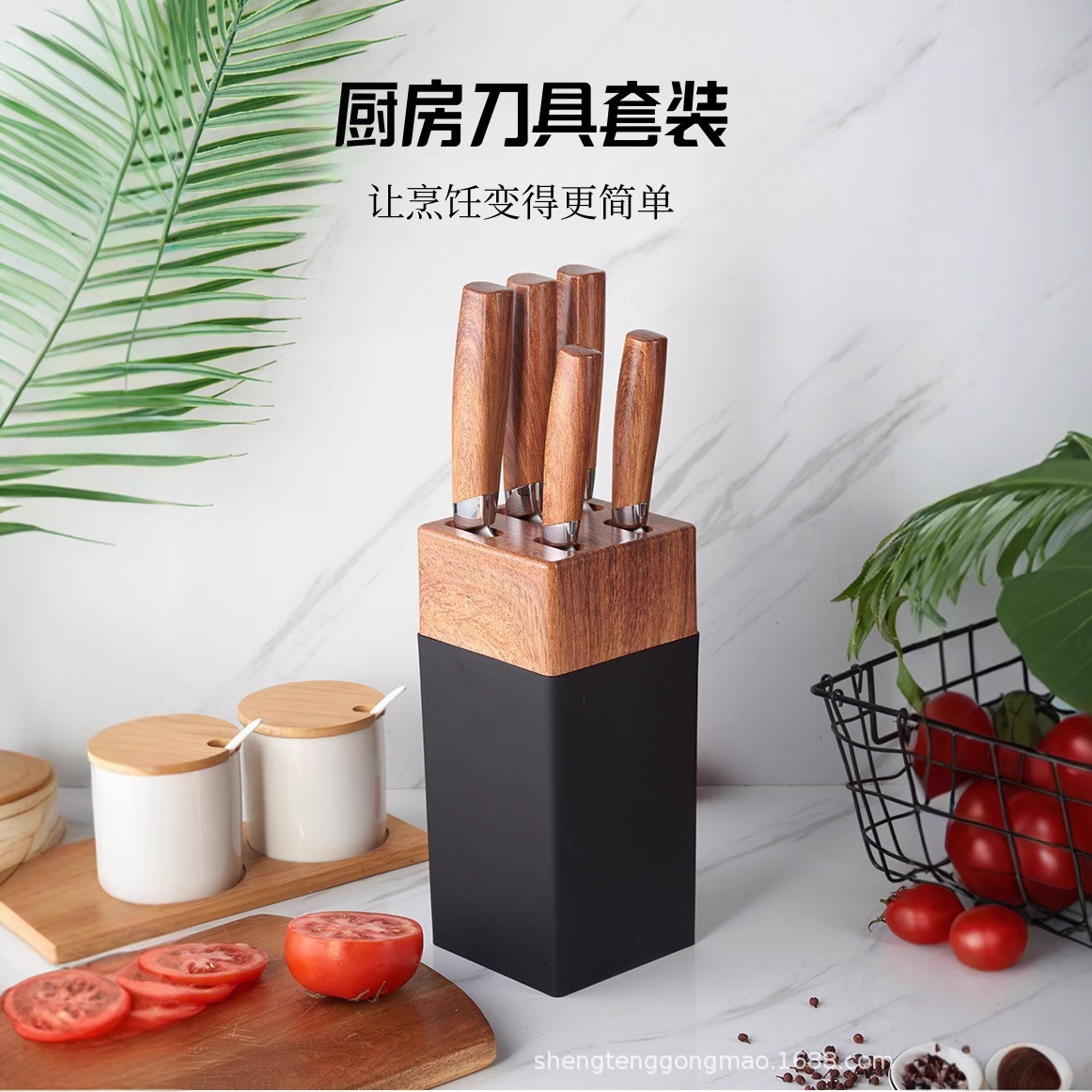 Wholesale foreign trade kitchenware, wood-grain handle, square bucket seat, stainless steel knife six-piece set, chef knife, fruit knife gift set details Picture