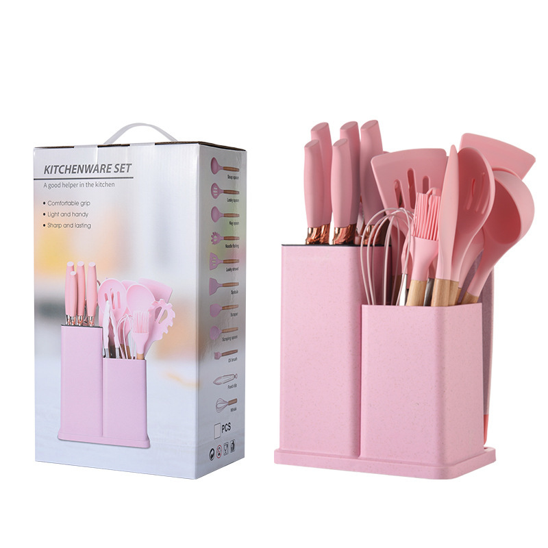Silicone kitchenware set of 19 pieces, non-stick pan, household knife set, silicone combination, high-temperature resistant kitchenware, stainless steel knives Item Picture