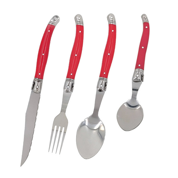 Colorful knife, fork and spoon set for home and hotel use, plastic handle steak knife, steak fork and spoon, steak and Western tableware, no Application Scenario