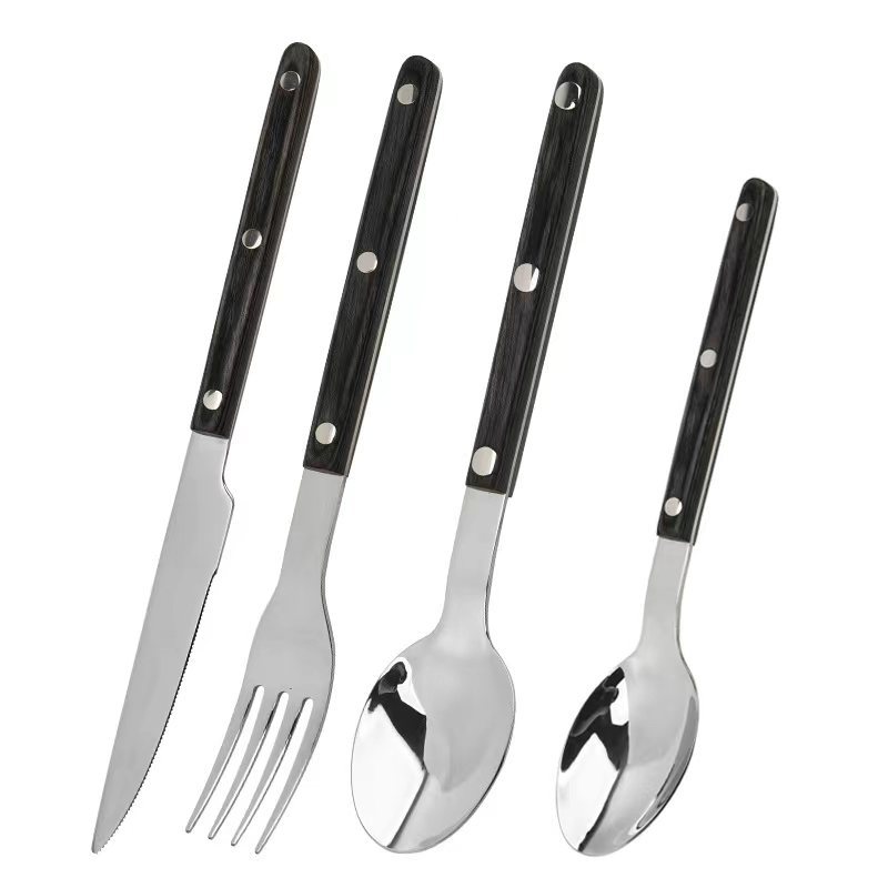 Colorful wooden handle steak knife and fork, stainless steel knife and fork, spoon, dessert spoon, Western food knife, steak knife and fork, 4-piece tableware set Item Picture