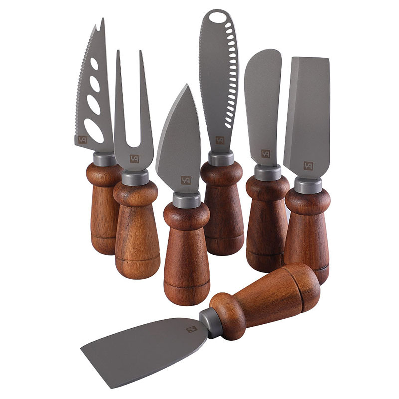High-quality cross-border in-stock cheese knife, cheese knife, acacia wood butter cutter, stainless steel cheese knife and fork, titanium-coated Item Picture