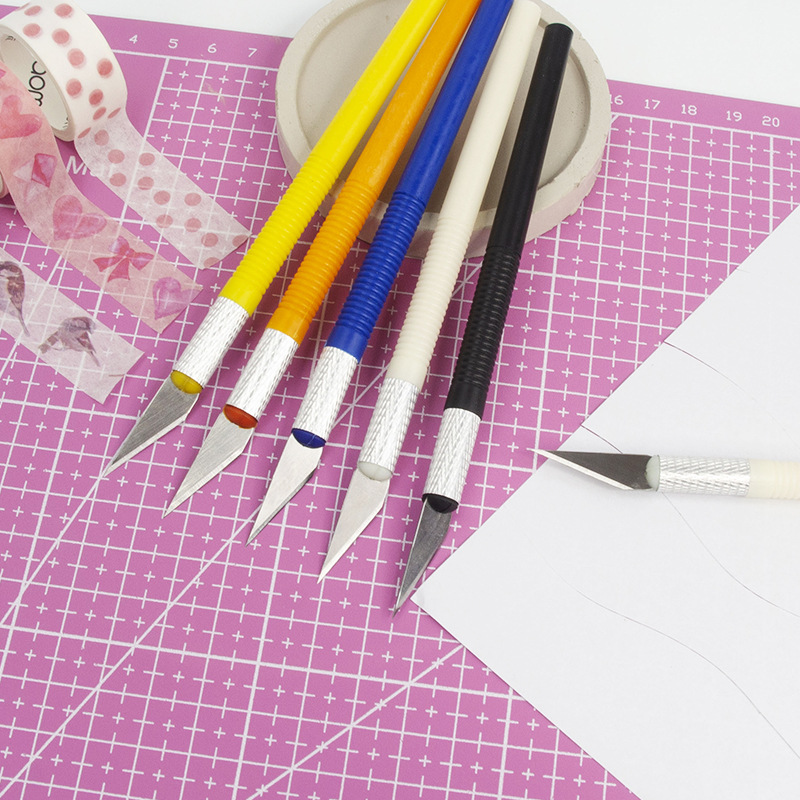 ABS plastic-handled colored pen knife model making, mobile phone film application, art design, paper-cutting, rubber engraving knife, engraving pen knife 1 set Specification drawing