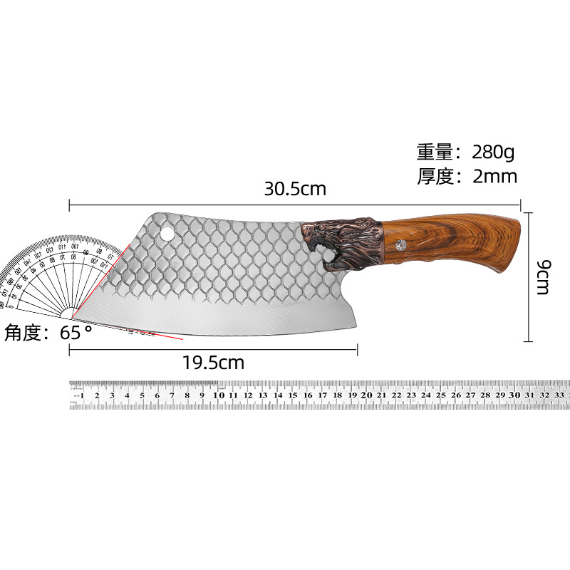 The fish-scale pattern slicing knife features a faucet handle. It is made of stainless steel from Longquan and is sharp. It is a special knife for slicing and cutting meat in the kitchen Application Scenario