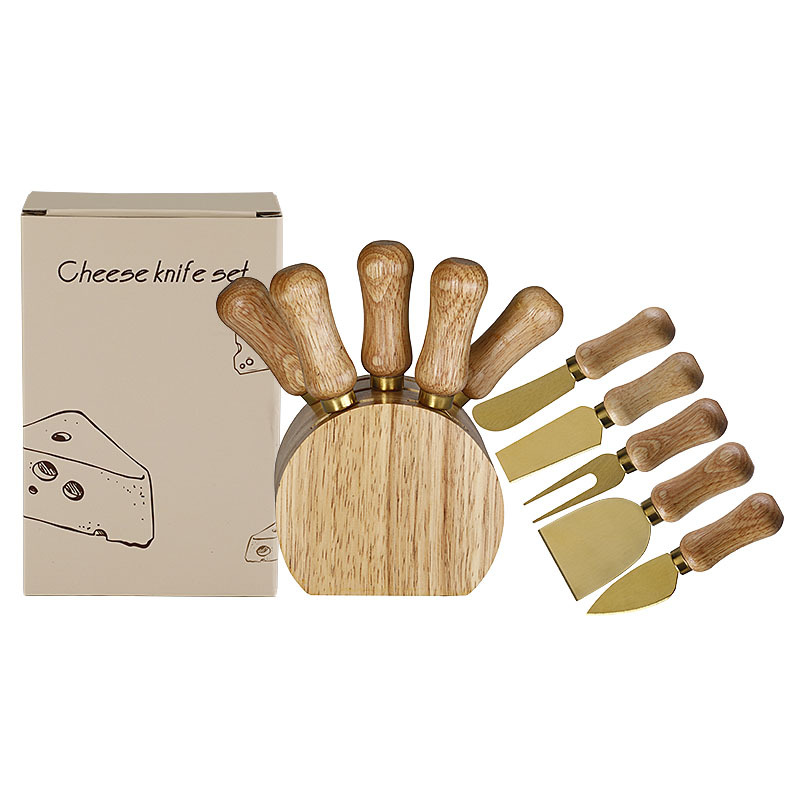 Cross-border stock rubber wooden base cheese knife and fork, cream trowel, cheese spatula set, stainless steel cheese knife 6-piece set Item Picture