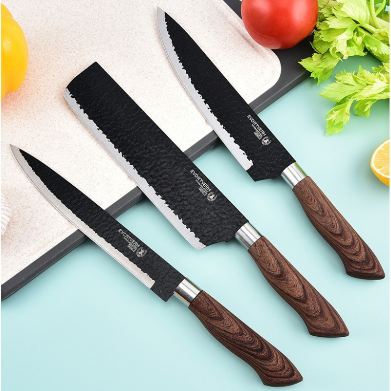 Stainless steel hammer-textured forged six-piece set of spray-painted knives with covered handles, household kitchen tools in stock for wholesale details Picture