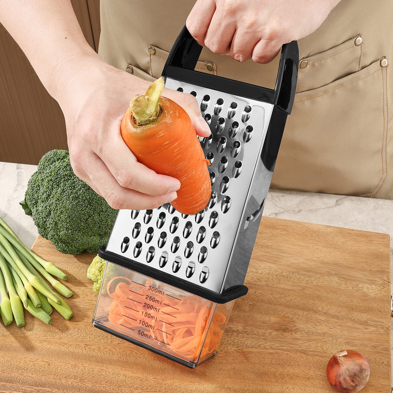 9-inch stainless steel three-dimensional measuring cup, precise weighing vegetable, fruit and potato slicer, multi-crumb mashed vegetable slicer, household use Application Scenario