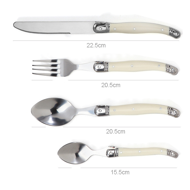 Household knife, fork and spoon set, milky white plastic handle, steak knife, steak fork and spoon, stainless steel tableware details Picture