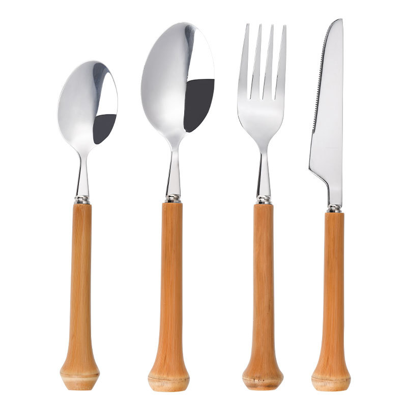 New Luohan Bamboo Western Dining Tableware Stainless Steel Knife and fork 4-piece set, high-end household tableware steak cutting knife and fork gift box Item Picture