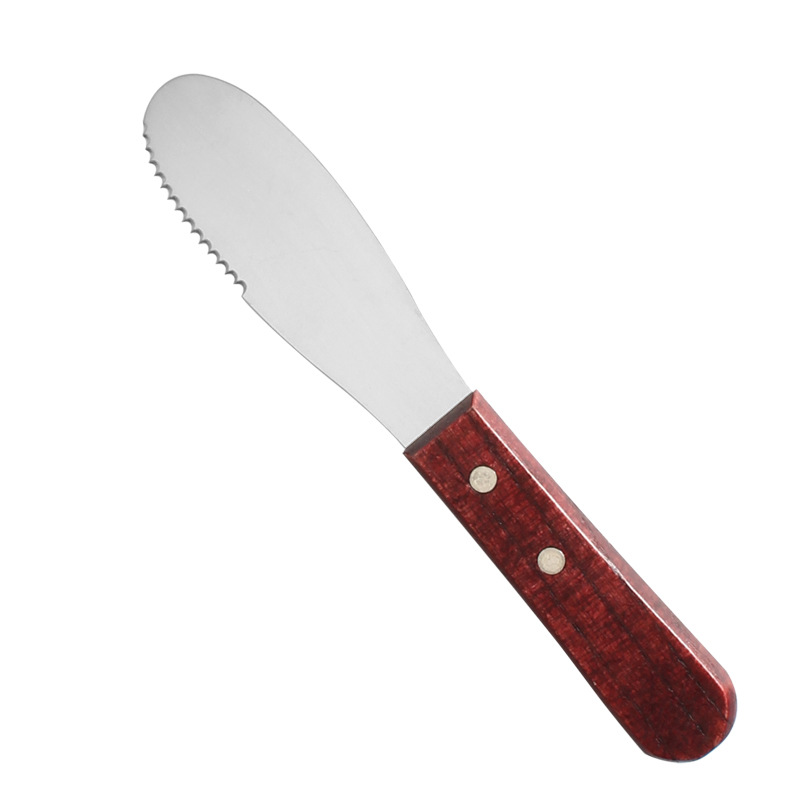 In stock: Stainless steel, wooden-handled, serrated cheese knife, cheese knife, butter scraper with a smooth texture, cheese knife Item Picture