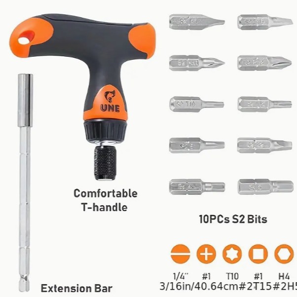 A cross-border bestseller on Amazon, a 12-piece set of T-handle ratchet screwdriver with extension rods Specification drawing