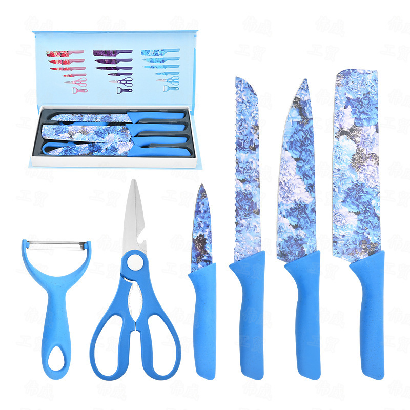 Wholesale of 6-piece sets of stainless steel color-printed kitchen knives and household kitchen auxiliary food knife sets in stock Item Picture