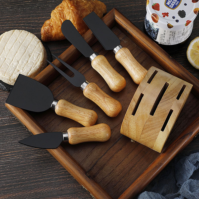 Cross-border stock rubber wooden base cheese knife and fork, cream trowel, cheese spatula set, stainless steel cheese knife 6-piece set details Picture