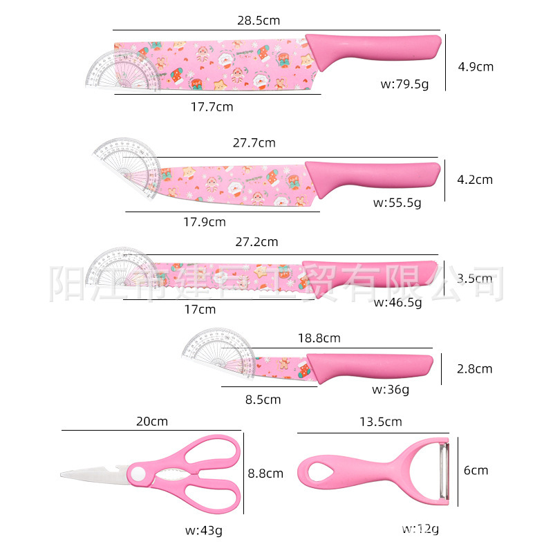 A popular foreign trade set of stainless steel straw printed six-piece knives in a color box for Christmas printed kitchen gift knives details Picture