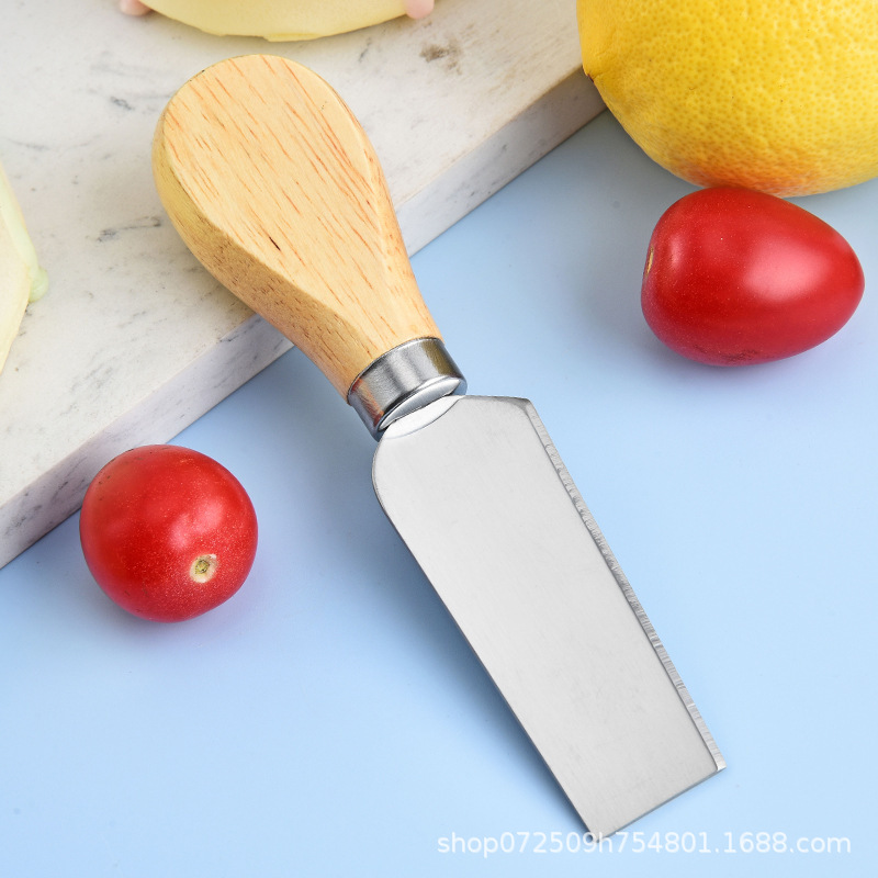 Wholesale rust steel cheese knife baking tools, oak handle, 4-piece cheese knife set, kitchen butter and buttery Specification drawing