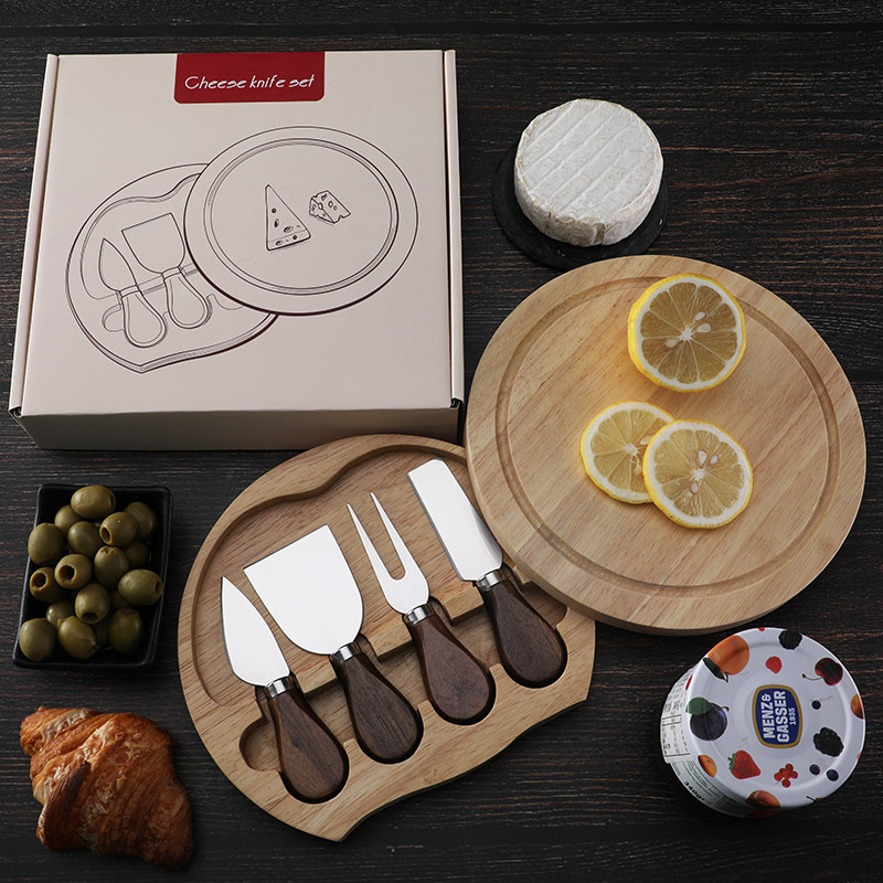 Gift box with walnut wood handle, round rubber wood box, cheese knife, stainless steel 4-piece cheese knife set Specification drawing