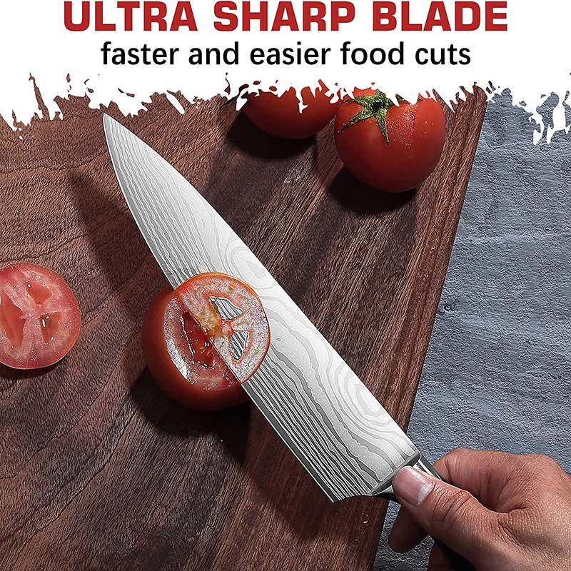 A set of 5 best-selling high-carbon steel kitchen knives, chef knives, bread knives, Santoku knives and Damascus knives on Amazon details Picture