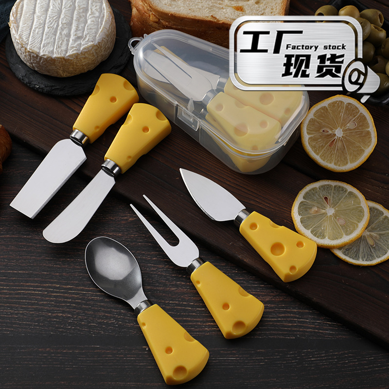Cross-border creative tableware with storage box, portable cheesecake knife, stainless steel 5-piece cheese knife set full figure