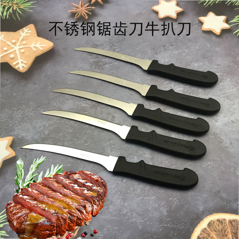 In-stock outdoor Western-style steak knife with plastic handle, kitchen bread knife, stainless steel steak serrated knife, and Western cuisine knife full figure