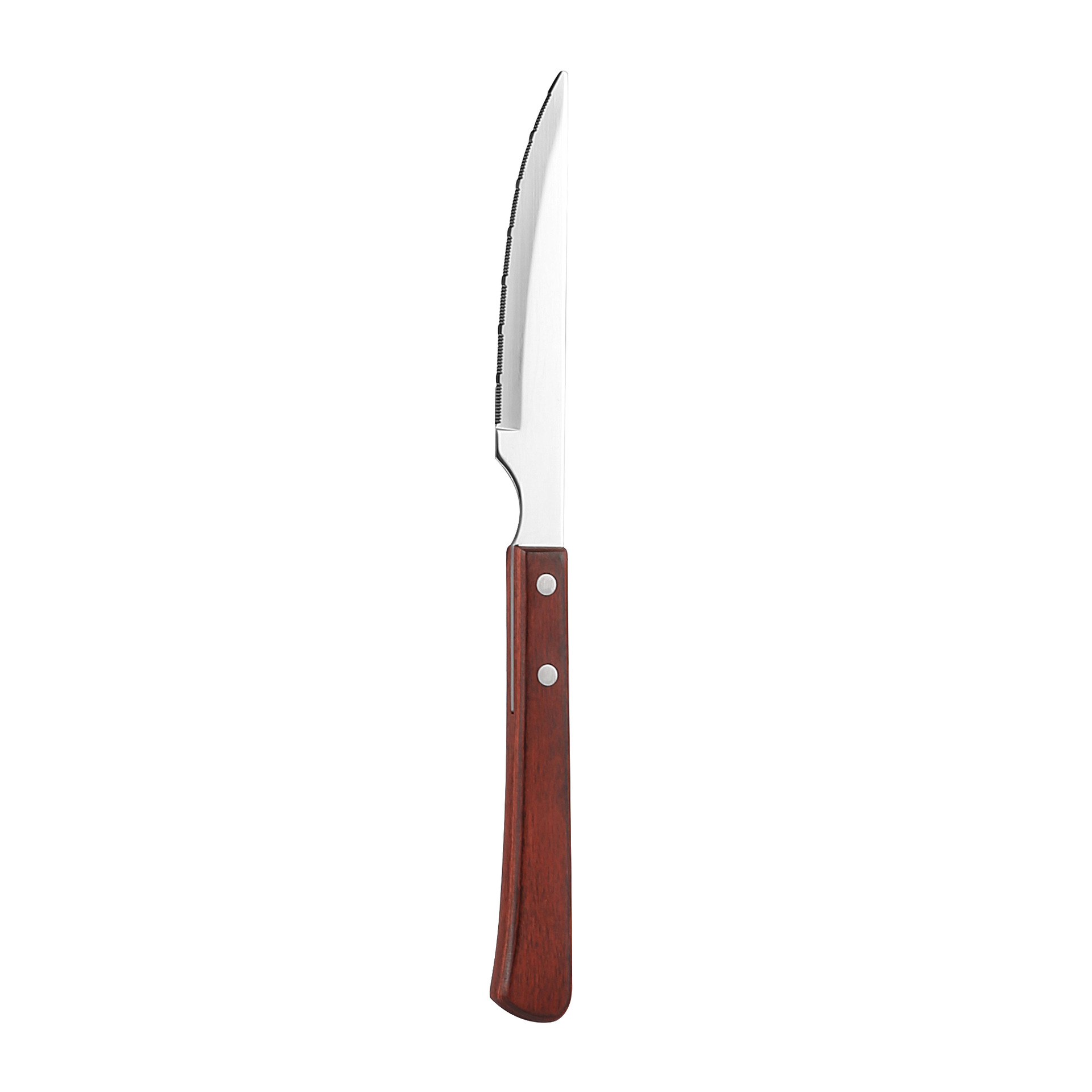 In stock, retro, high-quality Western-style knife, stainless steel serrated steak knife, family dining knife, red color wooden handle steak knife Item Picture