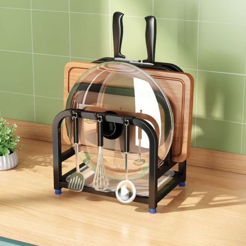 Kitchen cutting board rack, countertop, chopping board placement rack, multi-functional integrated storage rack, cutting board, pot lid and knife storage rack Application Scenario