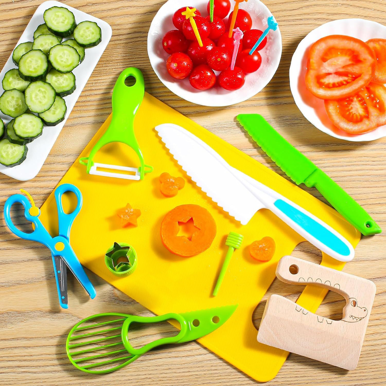 New children's fruit knife tool set, scissors, cutting board, fruit, vegetable and potato cutter, plastic children's safety knife details Picture