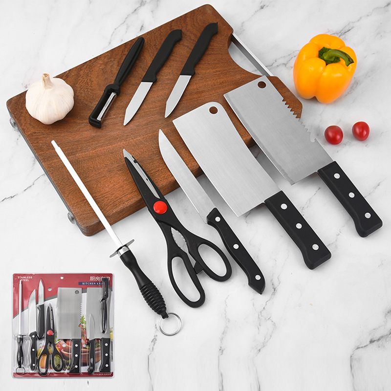 Factory stock of stainless steel +PP kitchen knives, chef knives, fruit knives, kitchen knives, meat cutting knives and suction card sets details Picture