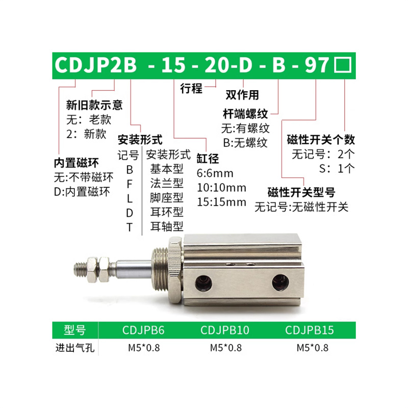 CJ2PB single-acting external thread cylinder, single-acting small pneumatic CJPB4-6-10-15, 20-25-30B Specification drawing
