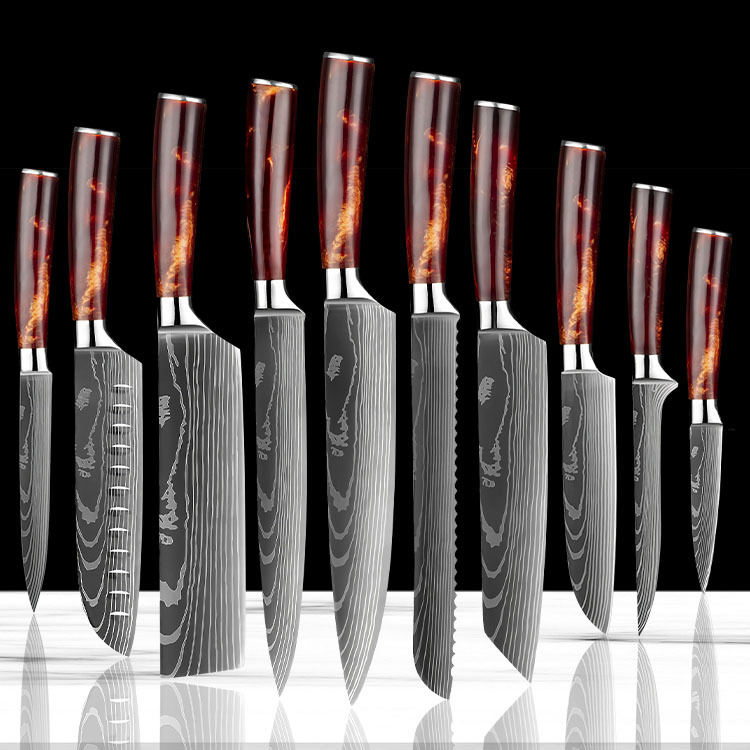 Professional Japanese Damascus laser-patterned chef knife set, kitchen knife set of 10 pieces, Santoku knife Specification drawing