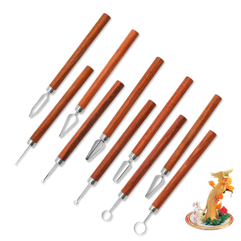 Wholesale of ten-piece set of wooden handle engraving and drawing knives, stainless steel fruit and vegetable platter engraving knives, chef's edge drawing and wire drawing knives details Picture