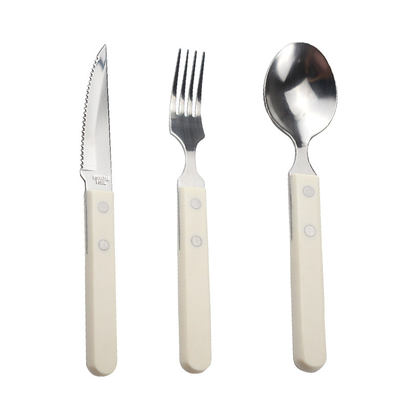 Wholesale of three-piece sets of cross-border stainless steel Western tableware with plastic handles, Western knives, forks, spoons and steak knives Item Picture