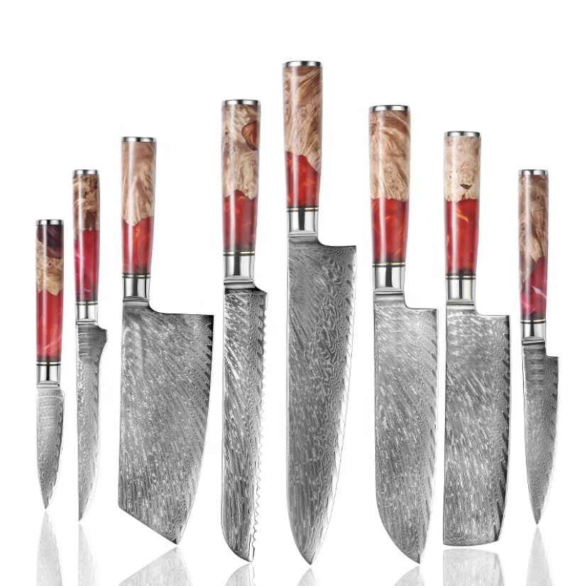 Damascus 8-piece kitchen knife VG10 67-layer carbon steel Japanese chef knife set with red resin handle full figure