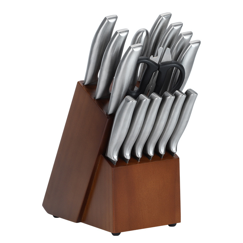 A 16-piece set of stainless steel kitchen knives for export, a combination of household multi-functional kitchen knives and solid wood knife racks Item Picture