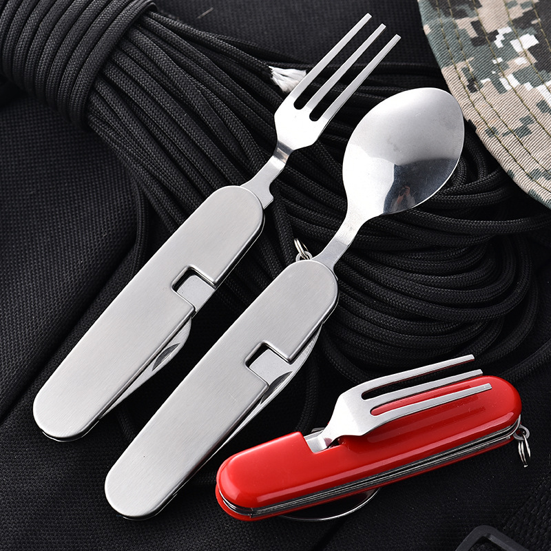 Factory direct sales of camping detachable multi-functional folding knife, fork and spoon set tableware, portable outdoor four-cut knife details Picture