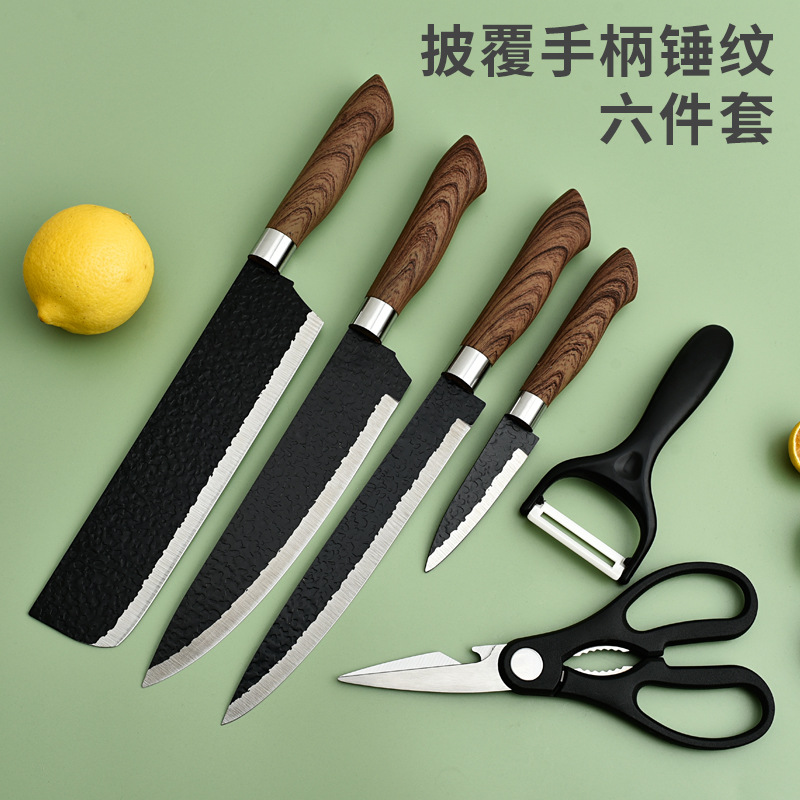 New hammer pattern six-piece set, black steel forged and painted stainless steel kitchen knife set, covered handle gift box details Picture