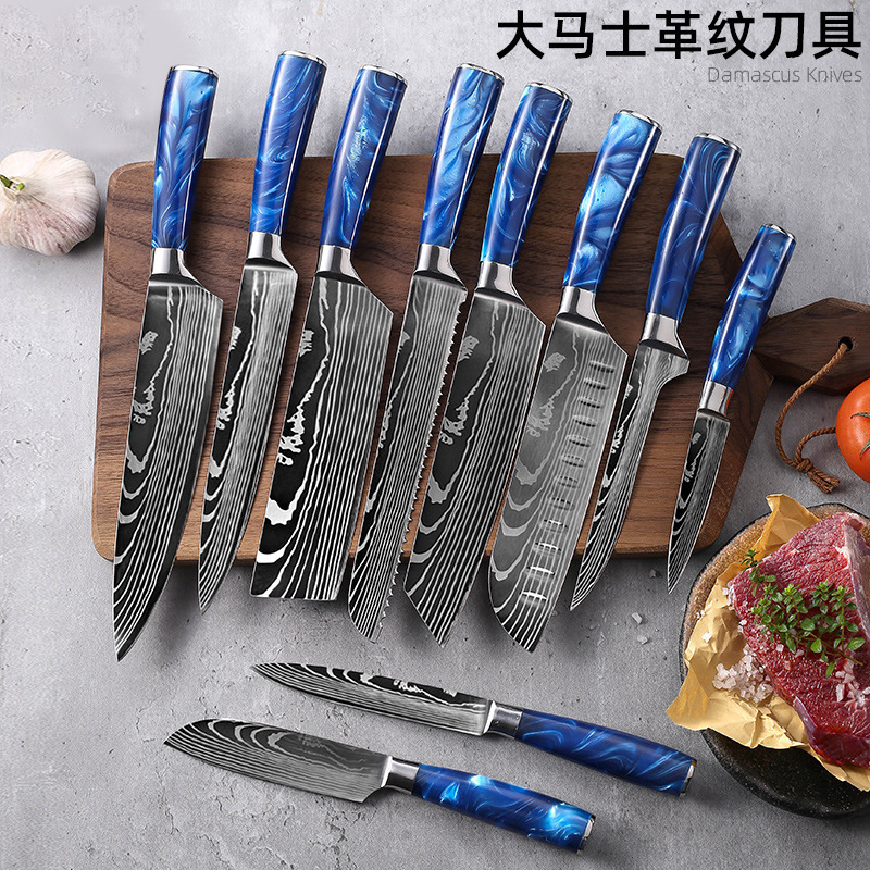 Kitchen knife, household Western Santoku knife, Japanese cooking knife, resin handle, Damas laser-patterned kitchen knife full figure