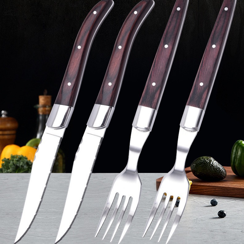 Western-style steak knife and fork set with colorful wooden handles, thickened stainless steel household export tableware Item Picture