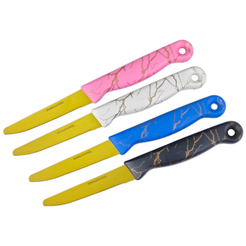 Wholesale fruit knife, household stainless steel fruit steak knife, plastic handle, golden serrated steak knife details Picture