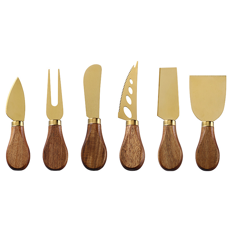 Cross-border in-stock acacia wood-handled cheese knife set, stainless steel cheese knife, table knife gift box, cheese knife 6-piece set details Picture
