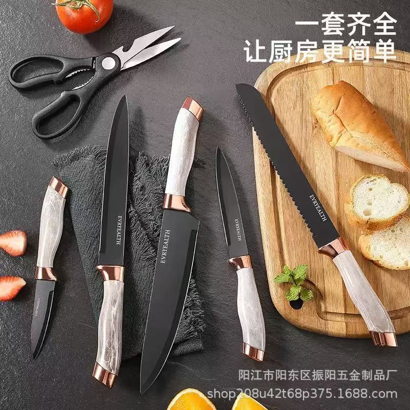 Cross-border best-selling kitchen knife set, 7-piece stainless steel marble-patterned knife set with square base and double electroplated head details Picture