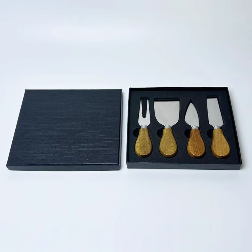 Factory stock: 4-piece black gift box of acacia wood-handled pizza knife and butter knife, stainless steel cheese and cheese knife Specification drawing