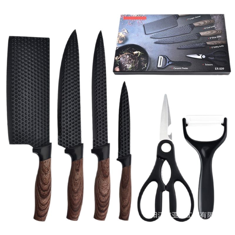 Cross-border knife set, six-piece kitchen knife set with wood-grain cover and melon planer, in color box, in stock for wholesale Item Picture