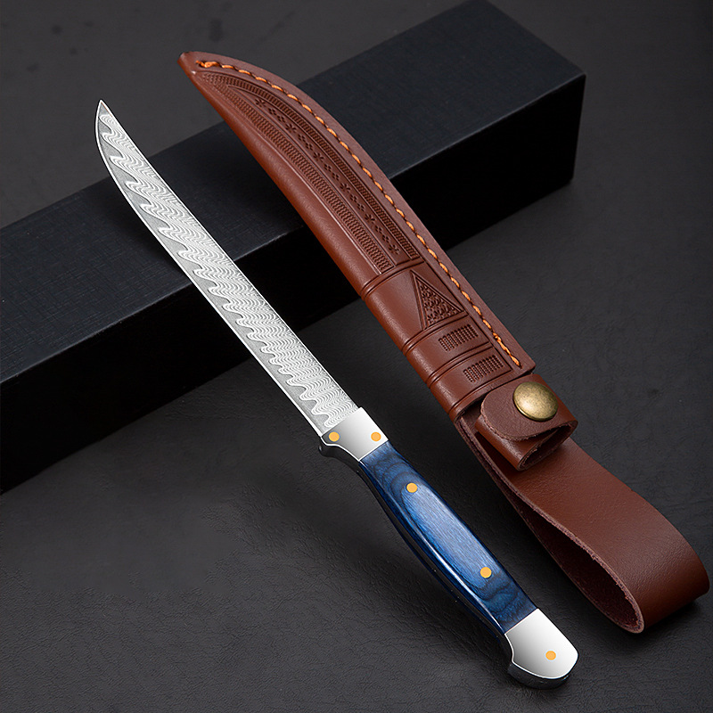 Damascus steel boning knives are divided into VG10 meat cutting knives for forging, slaughtering pork and mutton, slicing meat, and cross-border fish cutting knives full figure