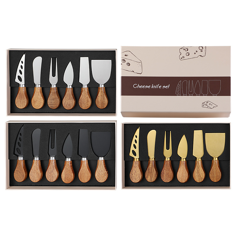 Cross-border in-stock acacia wood-handled cheese knife set, stainless steel cheese knife, table knife gift box, cheese knife 6-piece set Specification drawing