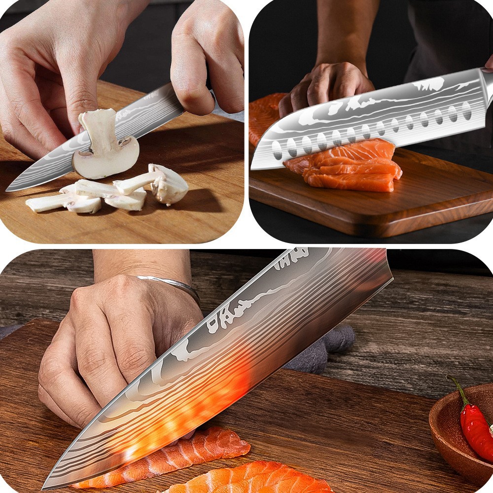 8-piece set of knife with wooden handle, 8-inch chef knife, kitchen knife set, Japanese knife, bread knife, slicing knife, fruit knife in stock details Picture