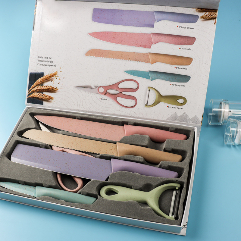 Kitchen Knife set, 6-piece wheat straw set, colorful chef's cooking gift macaron set knife Application Scenario