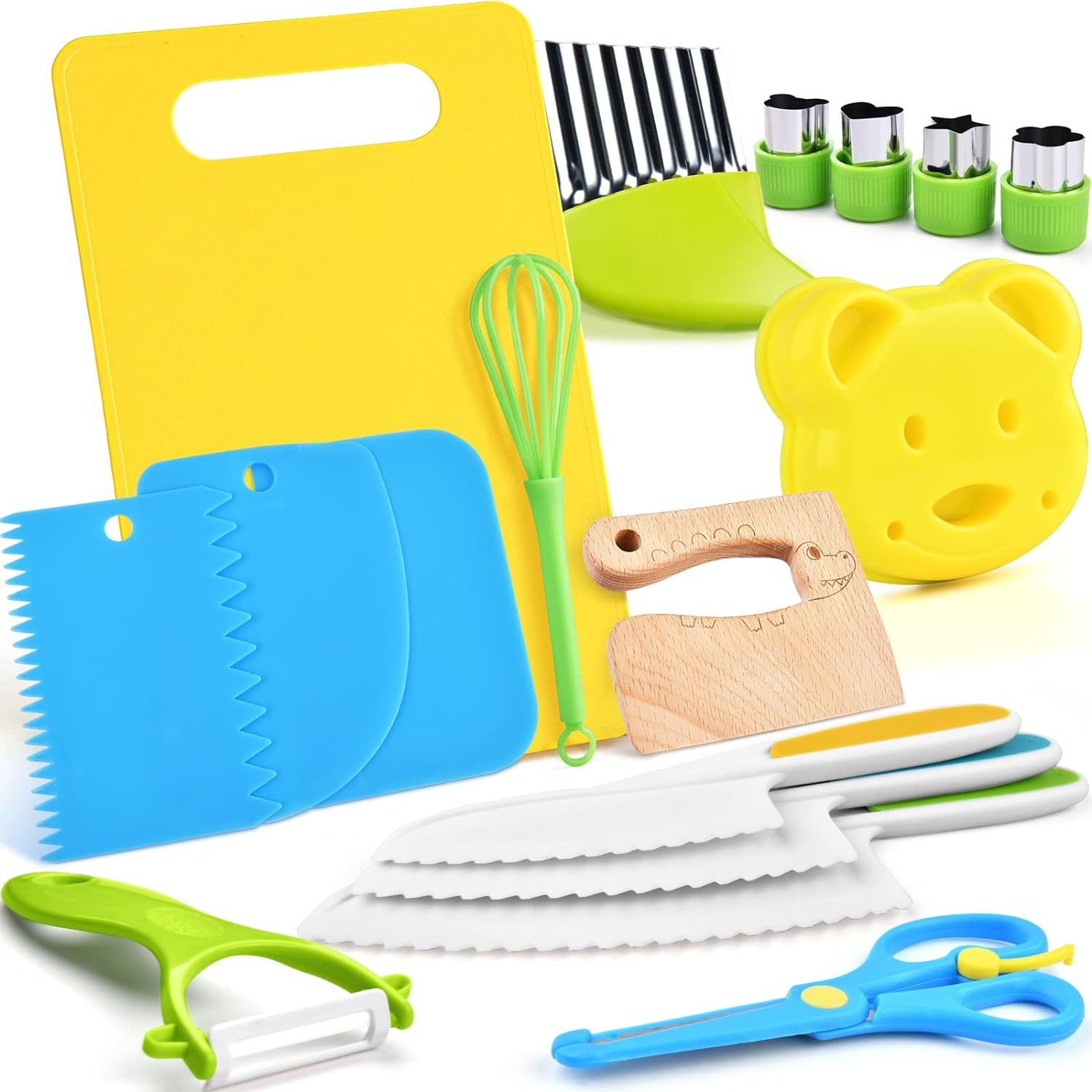 17-piece wooden children's kitchen knife set, gloves, cutting board, fruit, vegetable and potato cutter, plastic children's safety knife Item Picture