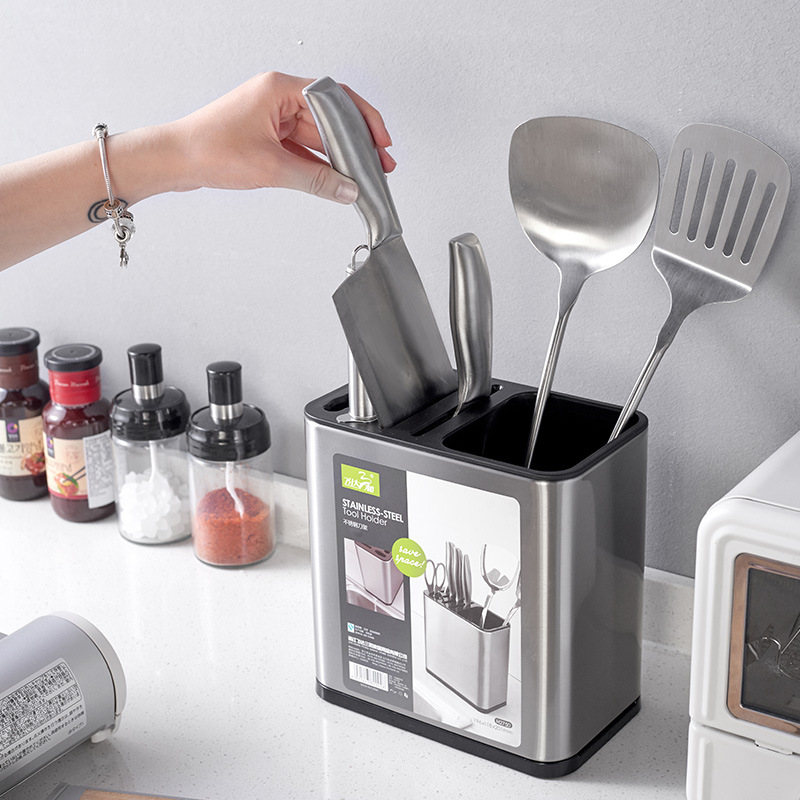 Household stainless steel knife rack, kitchen storage, multi-functional knife storage, kitchen knife holder, draining, wall-mounted, no need for drilling details Picture