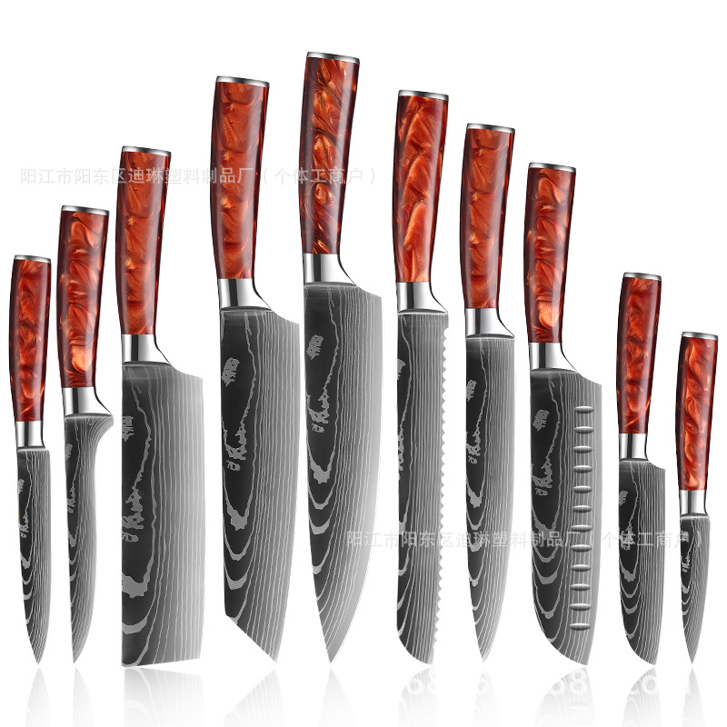 Professional Japanese Damascus laser-patterned chef knife set, kitchen knife set of 10 pieces, Santoku knife full figure